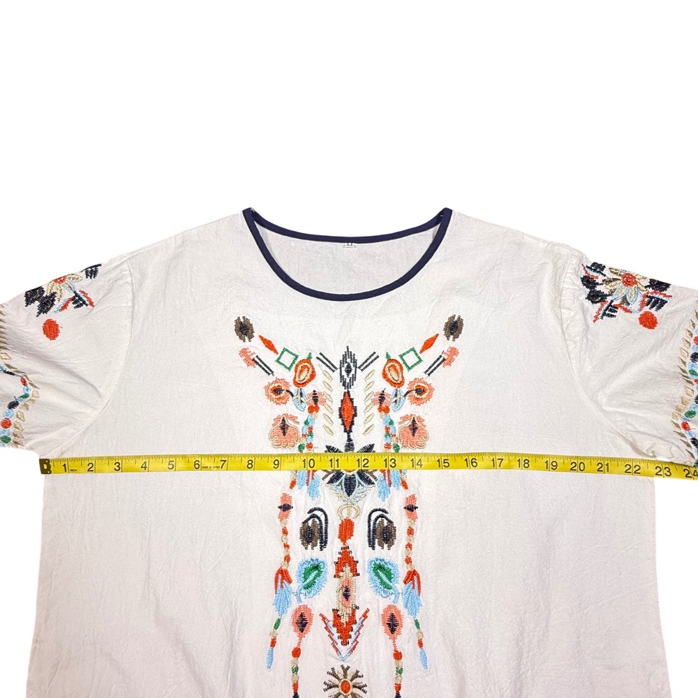 White Cotton Linen Embroidered Boho Short‎ Sleeve Top Sz M lightweight Oversized - Picture 7 of 10